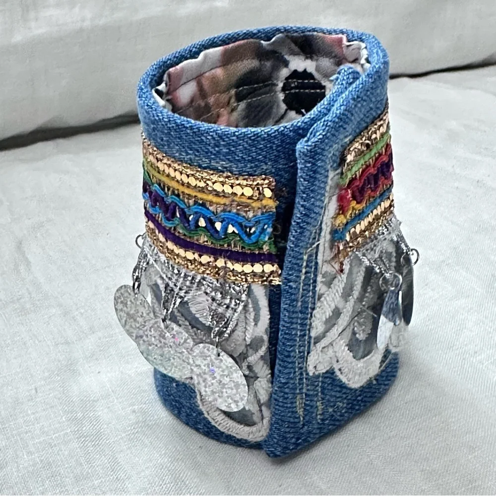 RUBYRUDI Cuff Bracelet Handcrafted OOAK Fabric Embellished Artisan Wearable Art